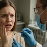 Žena s bolesťou zubov počas vyšetrenia u zubára