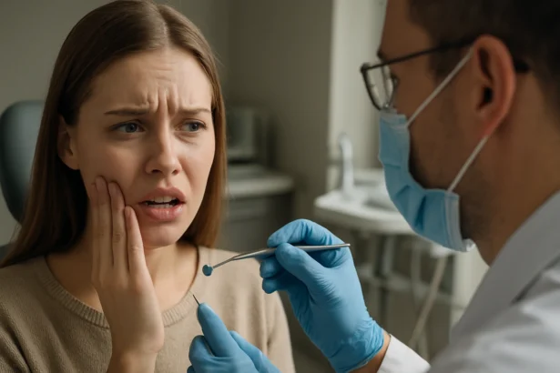 Žena s bolesťou zubov počas vyšetrenia u zubára