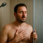 Muž si užíva striedanie teplej a studenej sprchy pre zdravie.