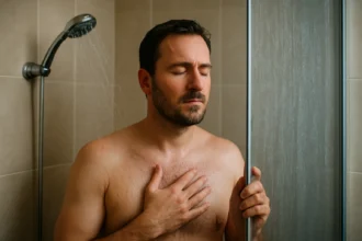 Muž si užíva striedanie teplej a studenej sprchy pre zdravie.
