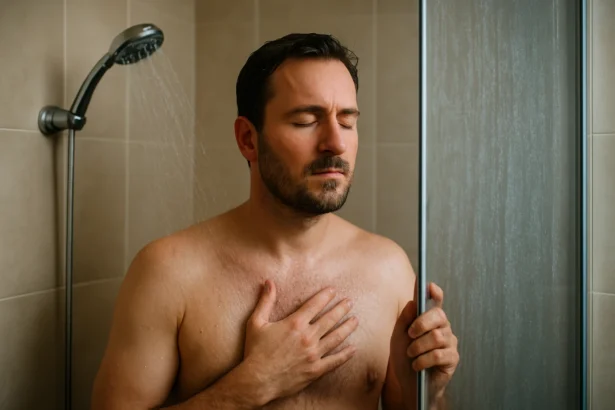 Muž si užíva striedanie teplej a studenej sprchy pre zdravie.