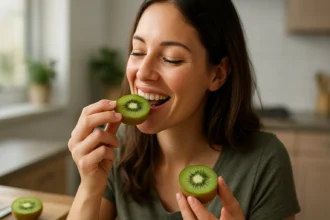 Žena sa teší z jedla kiwi, ovocie plné antioxidantov
