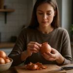 Žena olúpa cibuľu v kuchyni s mísou plnou cibule.