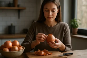 Žena olúpa cibuľu v kuchyni s mísou plnou cibule.