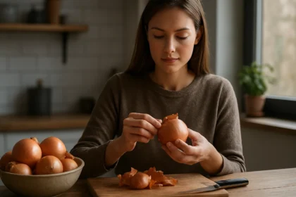 Žena olúpa cibuľu v kuchyni s mísou plnou cibule.