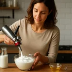 Žena pripravuje šľahačku pomocou habszifónu v kuchyni.