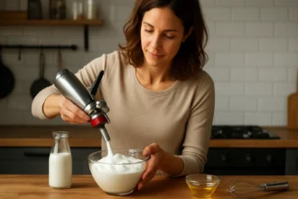 Žena pripravuje šľahačku pomocou habszifónu v kuchyni.
