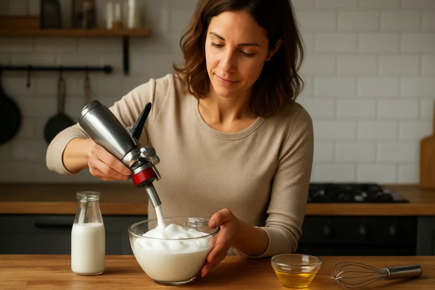 Žena pripravuje šľahačku pomocou habszifónu v kuchyni.