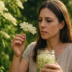 Žena skúma kvety bazy a drží sklenenú nádobu s ich zberom.