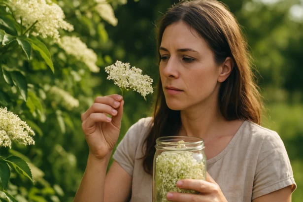 Žena skúma kvety bazy a drží sklenenú nádobu s ich zberom.