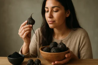 Žena s čiernou peruánskou makou a práškom z maky