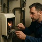 Technik upravuje olejový horák pre efektívny vykurovací systém.