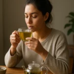 Žena vychutnávajúca si šálku čaju a relaxujúca v domácom prostredí.