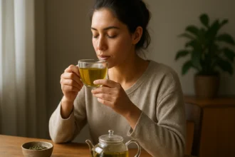 Žena vychutnávajúca si šálku čaju a relaxujúca v domácom prostredí.