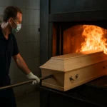 Proces kremácie v krematóriu: umiestňovanie rakvy do pece.