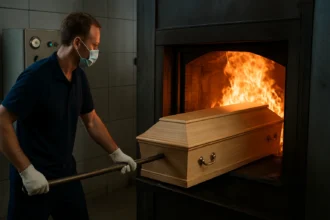 Proces kremácie v krematóriu: umiestňovanie rakvy do pece.