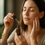 Žena používa tymianový olej na tvár pre jeho upokojujúce účinky