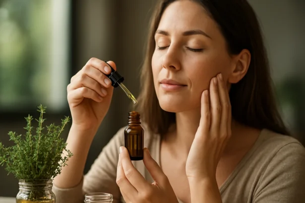 Žena používa tymianový olej na tvár pre jeho upokojujúce účinky