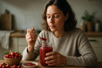 Žena vychutnávajúca si šípkový lekvár s lyžicou