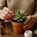 Osoba sa stará o skalnú ružu a prírodné produkty na starostlivosť.