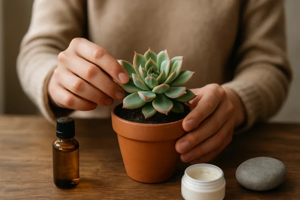 Osoba sa stará o skalnú ružu a prírodné produkty na starostlivosť.