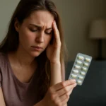 Žena s antibiotikami a starosťami o zdravie