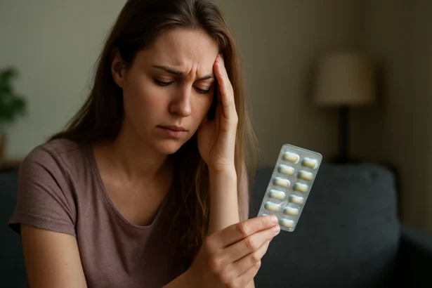 Žena s antibiotikami a starosťami o zdravie