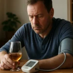 Muž s pálenkou a prístrojom na meranie krvného tlaku