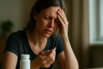 Žena s bolesťou hlavy drží liek a vyzerá znepokojene.