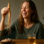 Žena s ženšenovým koreňom, symbol energie a vitality.