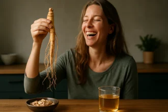 Žena s ženšenovým koreňom, symbol energie a vitality.