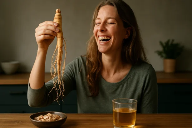 Žena s ženšenovým koreňom, symbol energie a vitality.