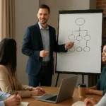 Muži a ženy na školení o MLM stratégiách a sieťovom marketingu.