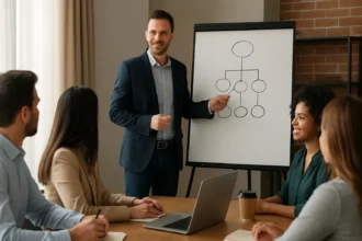 Muži a ženy na školení o MLM stratégiách a sieťovom marketingu.