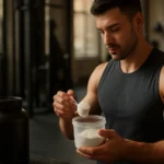 Muž dávkuje kreatín v posilňovni na zvýšenie športových výkonov