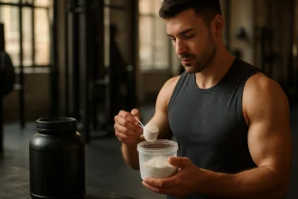 Muž dávkuje kreatín v posilňovni na zvýšenie športových výkonov