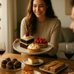 Žena servíruje lahodné dezerty na oslave s priateľmi.