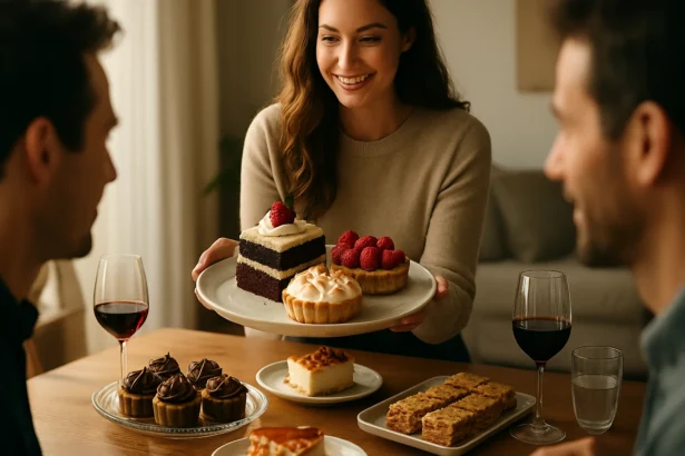 Žena servíruje lahodné dezerty na oslave s priateľmi.