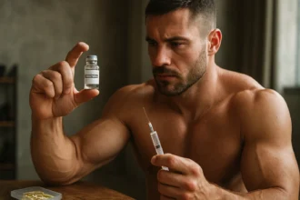 Muž s prísne vyrysovanou postavou držiaci fľašu Sustanonu a injekčnou striekačkou.