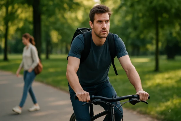 Muž bicyklujúci v parku, zdravý životný štýl a pohyb na čerstvom vzduchu.