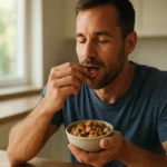 Muž vychutnávajúci si orechy z misky v útulnej kuchyni.