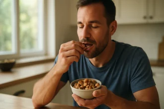 Muž vychutnávajúci si orechy z misky v útulnej kuchyni.