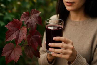 Žena drží pohár s nápojom z červeného viničového listu.