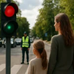 Matka a dcéra čakajú na prechod cez ulicu s semaforom.