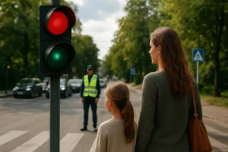Matka a dcéra čakajú na prechod cez ulicu s semaforom.