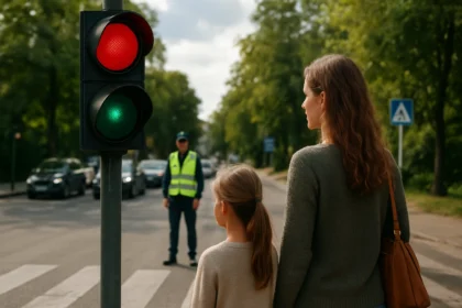 Matka a dcéra čakajú na prechod cez ulicu s semaforom.