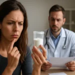 Žena skúma AM prášok s lekárom v pozadí, diskutujú o rizikách lieku.