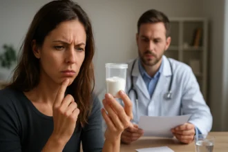 Žena skúma AM prášok s lekárom v pozadí, diskutujú o rizikách lieku.