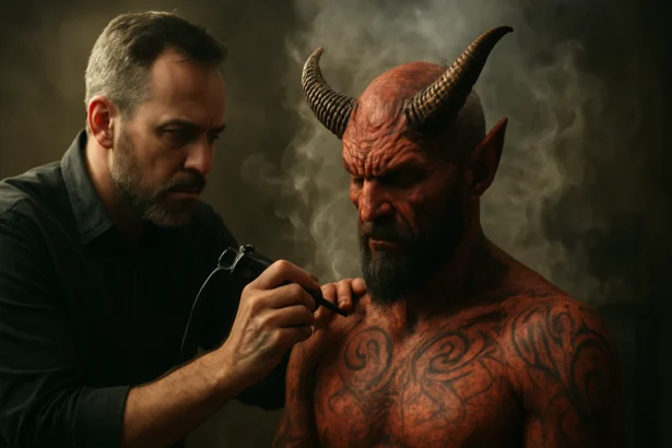 Umelcova práca na diabolskom patrixovi s detailnými tetovaniami