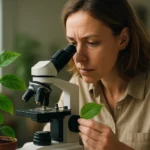 Žena skúma list rastliny pod mikroskopom v interiéri.